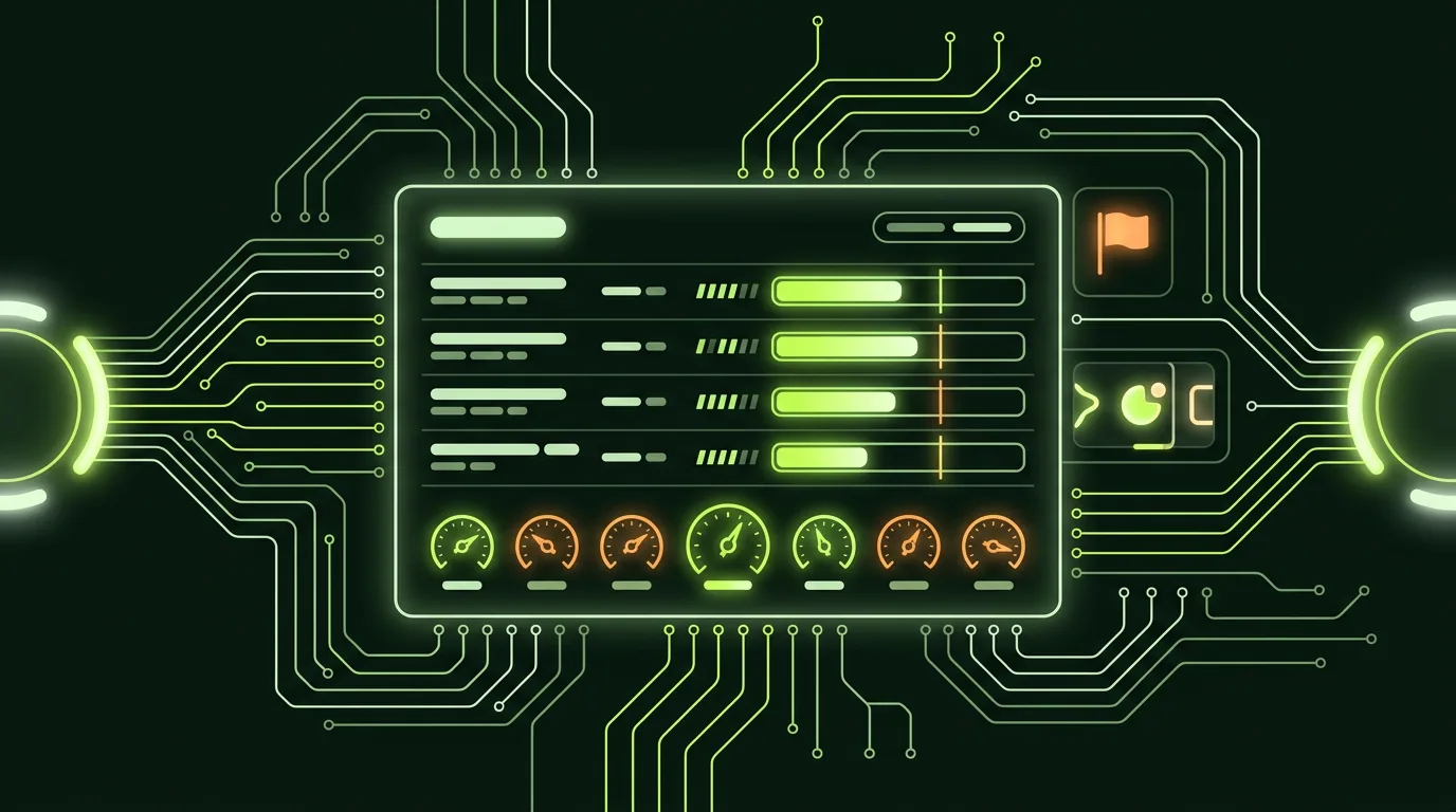 AI ads automation control panel with campaign rows, budget pacing bars, bid dials and an alert flag
